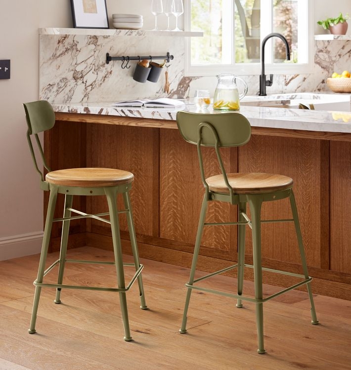 Counter Stool Sage Green Finish Curved Metal Back Wood Seat