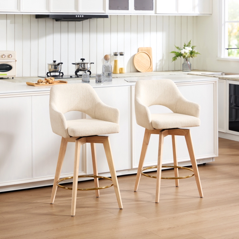 Counter Stool: Scandinavian Swivel Seat with Curved Armrests in Cream
