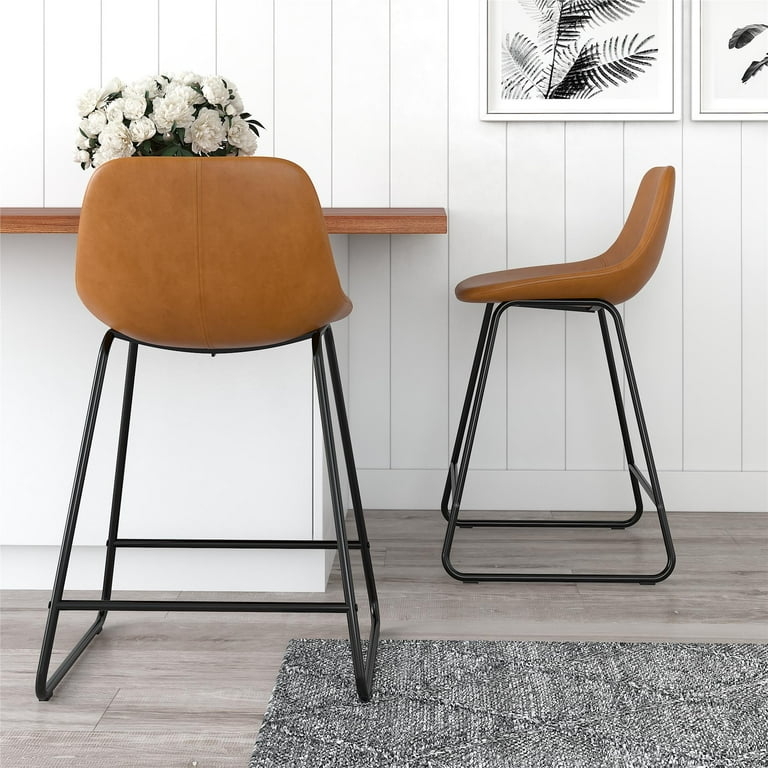Counter Stool Scoop Seat Camel Faux Leather Matte Black Sled Base
