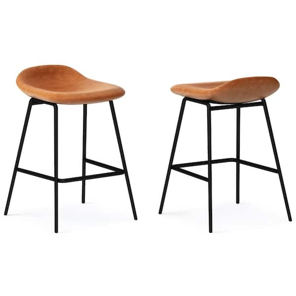 Counter Stool Scooped Seat Camel Brown Faux Leather Tapered Legs Modern