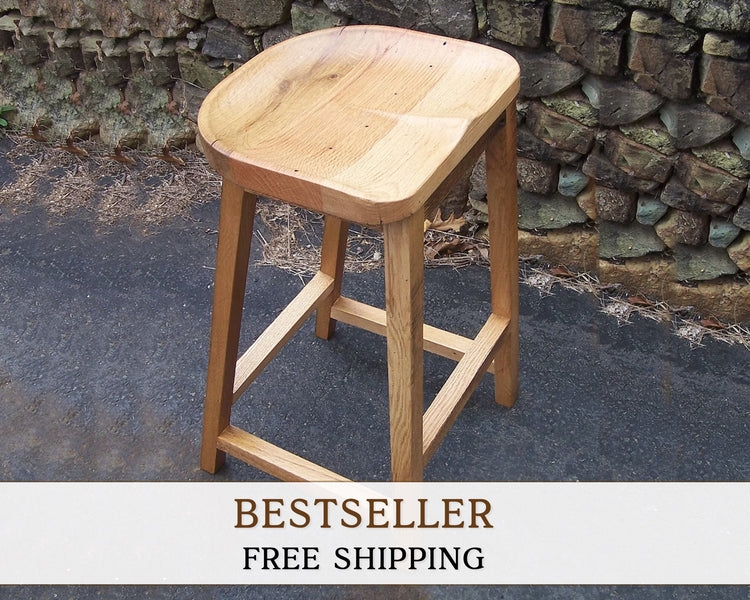 Counter Stool Scooped Seat Natural Wood Grain Backless Rustic