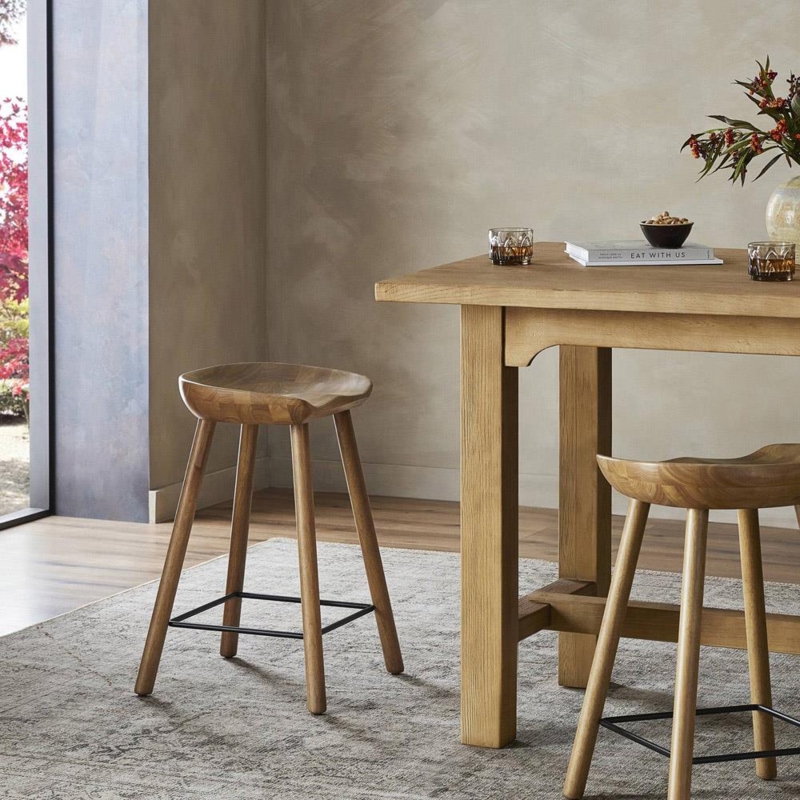 Counter Stool Sculpted Saddle Seat Matte Wood Black Metal Footrest