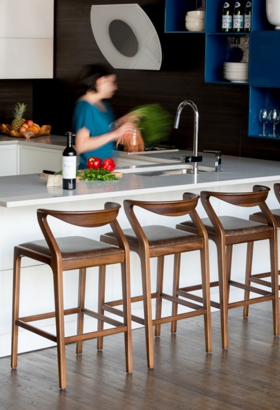 Counter Stool Sculptural Curved Back Walnut Finish with Padded Seat