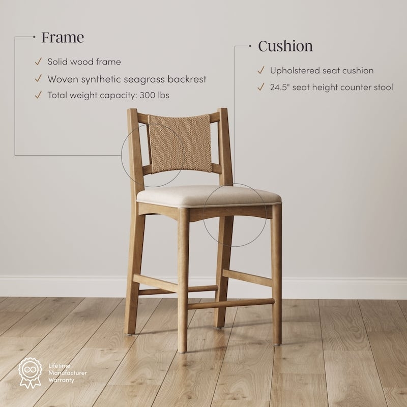 Counter Stool Seagrass Woven Back Upholstered Seat Coastal