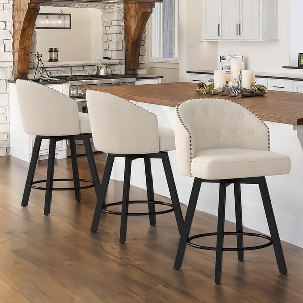 Counter Stool Set Cream Button Tufted Swivel Nailhead Trim Cream Stools
