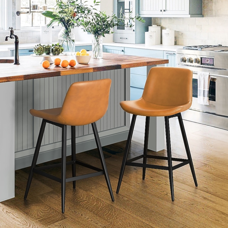 Counter Stool Set in Whiskey Brown Leather-Like Bucket Seat, Matte Legs