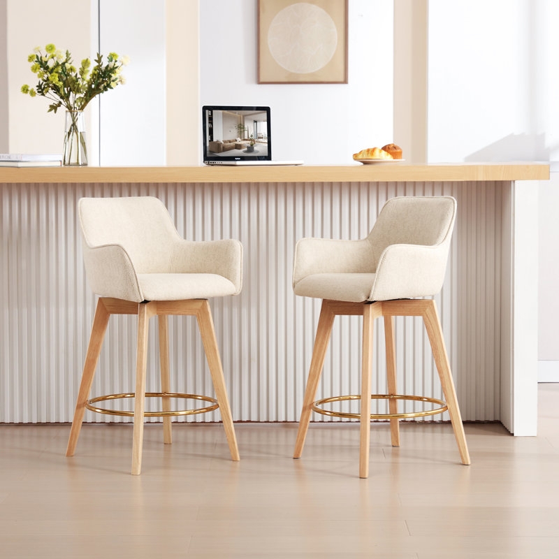 Counter Stool Set of 2 Beige Linen-Like Gold Footrest Modern Design