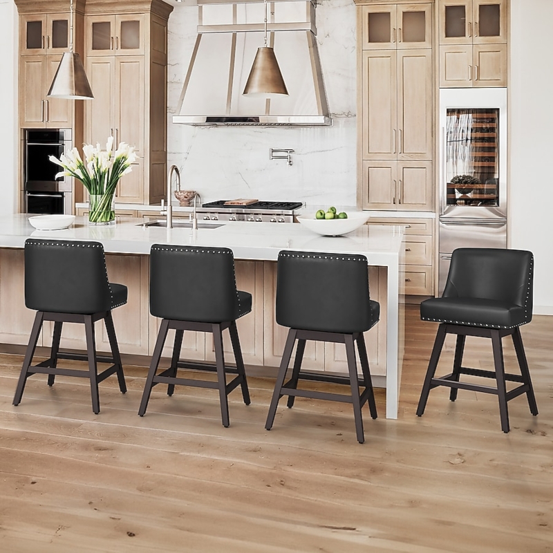 Counter Stool Set of 4 Black Leather-Like Nailhead Trim Swivel Seat