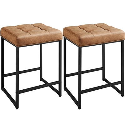 Counter Stool Set Tan Grid Tufted Black Metal Frame Industrial Backless