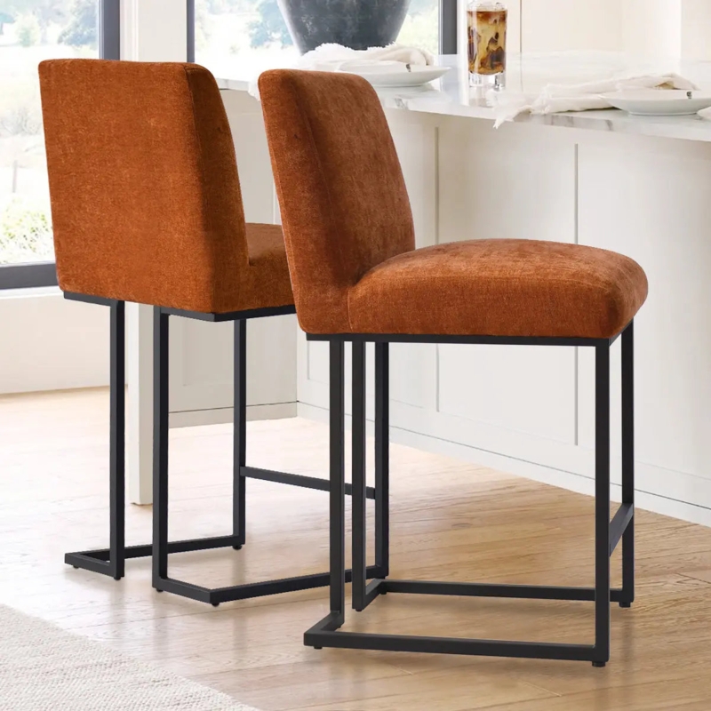 Counter Stool Set, Terra Cotta Upholstery, Minimalist Black Sled Base