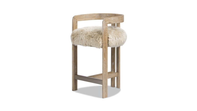 Counter Stool Shaggy Fur Seat Low Back Blonde Wood Frame Scandinavian