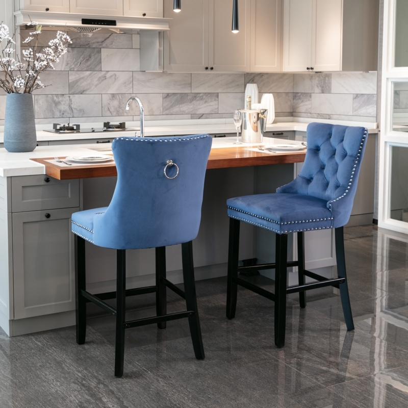Counter Stool Silver Ring Pull Velvet Tufted Back