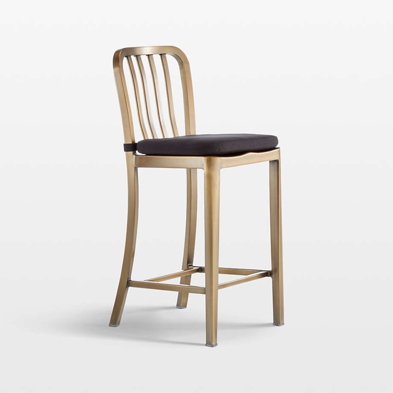 Counter Stool Slat Back Brass Finish Dark Cushion Transitional Style