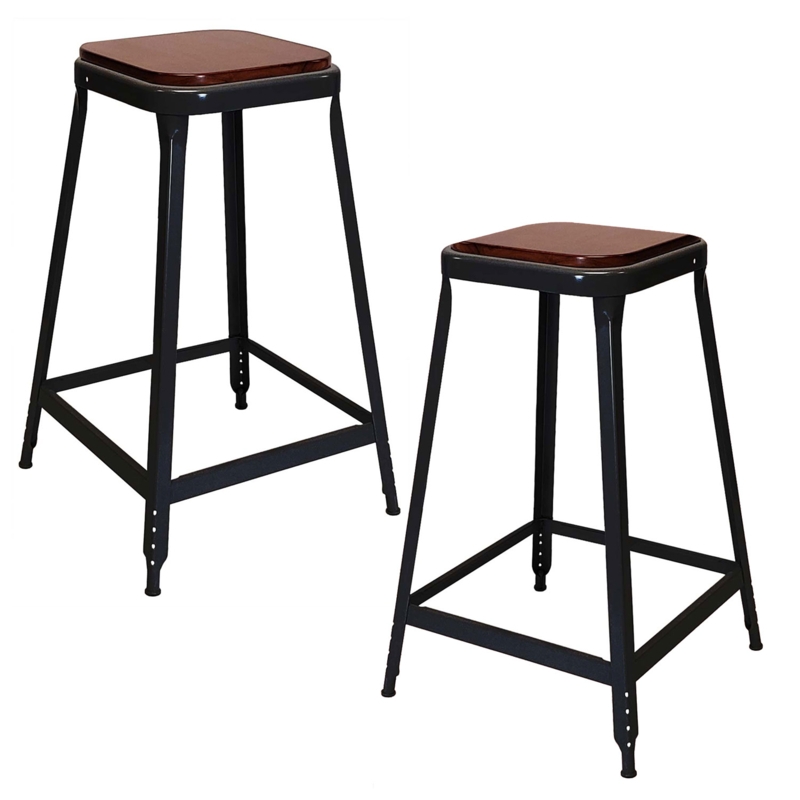 Counter Stool Square Seat Tapered Metal Legs Flared Base Black Wood Toned