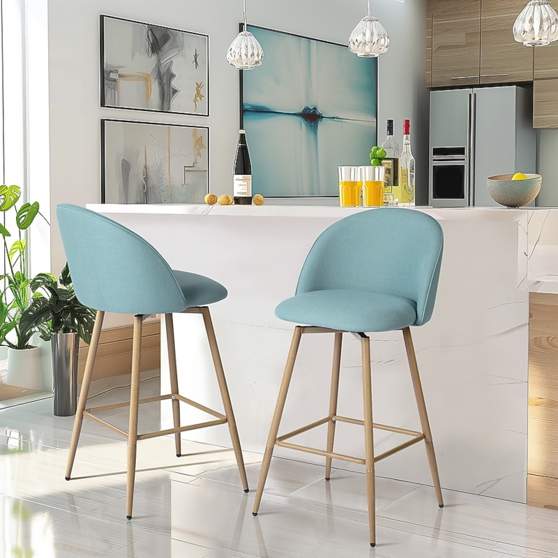 Counter Stool Swivel Base Pale Teal Fabric Wood Legs Coastal