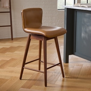 Counter Stool Swivel Base Walnut Frame Tan Mid-Century Modern