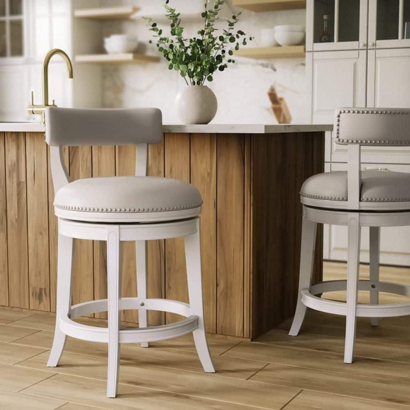Counter Stool Swivel Seat White Painted Frame Gray Upholstery Nailhead