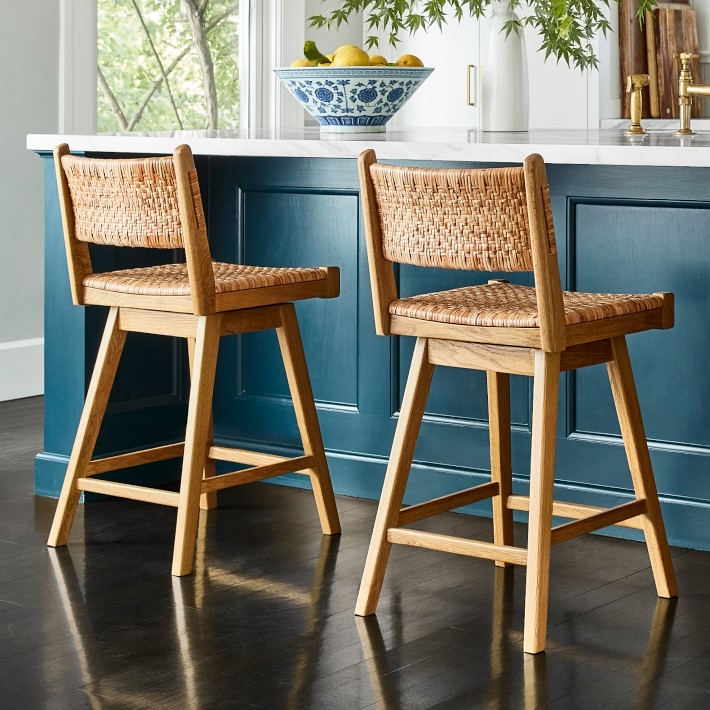 Counter Stool, Swivel Seat, Woven Rattan Cane Back, Light Wood Frame
