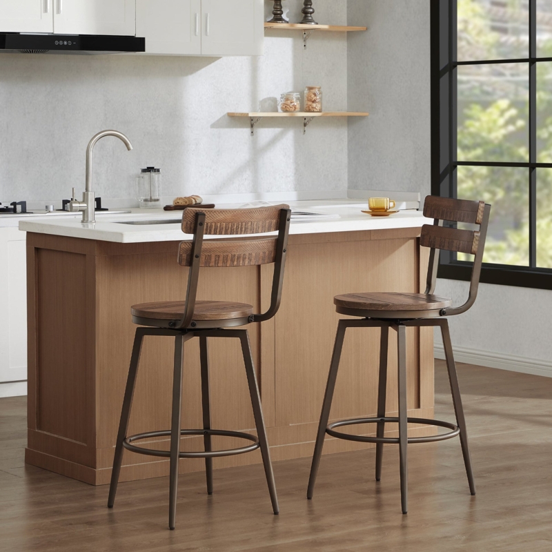 Counter Stool Swivel Slat Back Industrial Metal Frame Wood Seat
