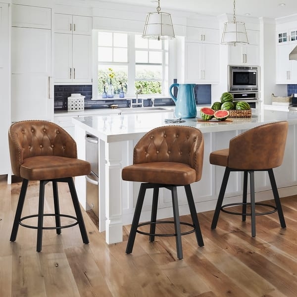 Counter Stool Tan Leather Like Diamond Tufting Nailhead Trim Swivel