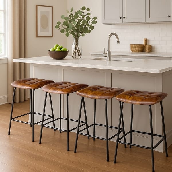 Counter Stool Tan Tufted Saddle Seat Black Metal Base Farmhouse Style