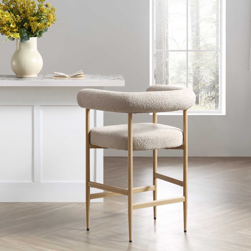 Counter Stool Taupe Boucle Curved Back Wood Effect Legs Minimalist