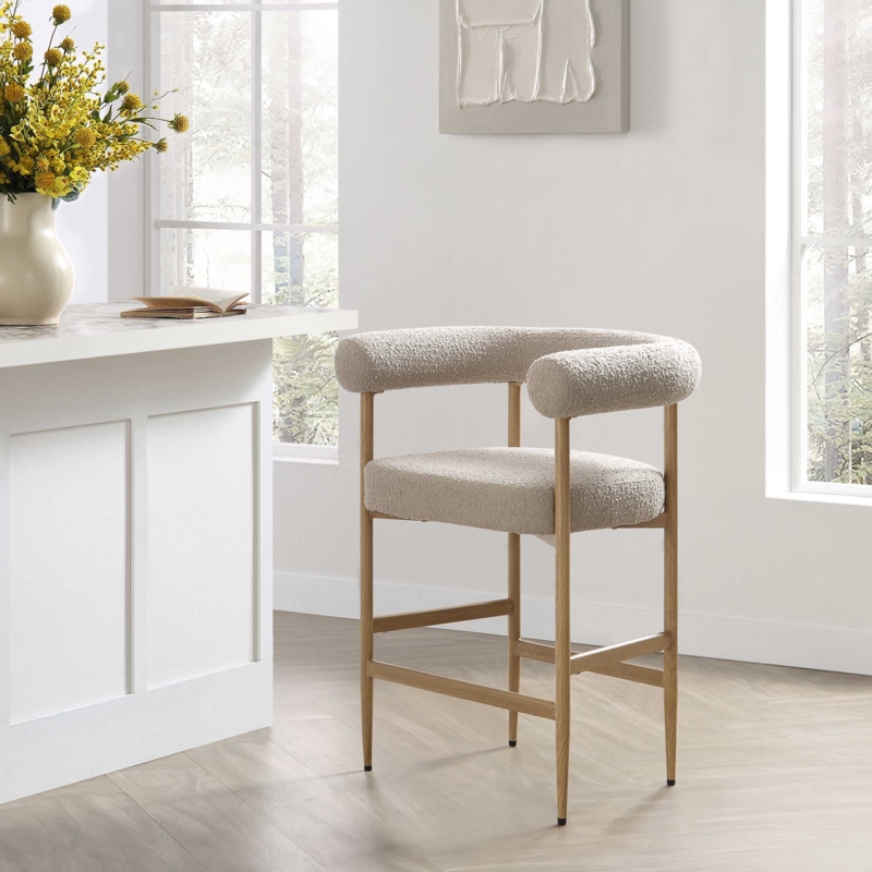 Counter Stool Taupe Boucle Fabric Wrap Around Back Wood Legs Modern