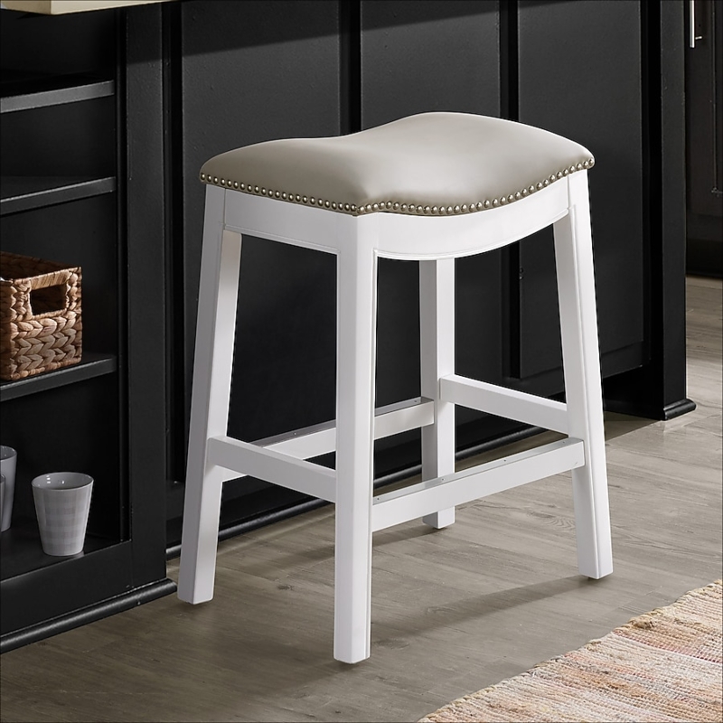 Counter Stool Taupe Upholstered Saddle Seat with Nailhead Trim Wood Frame