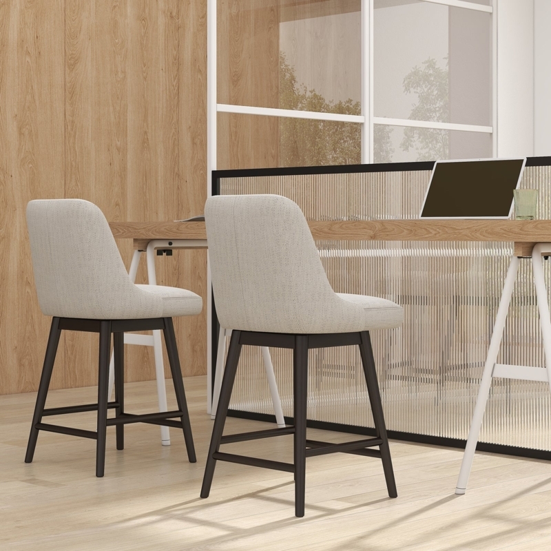 Counter Stool, Textured Ivory Fabric, Dark Tapered Legs, Swivel Base