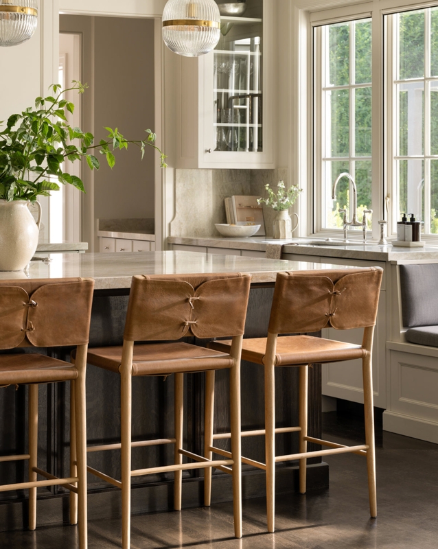 Counter Stool Tie-Back Detail Cognac Sling Seat Wood Frame Farmhouse