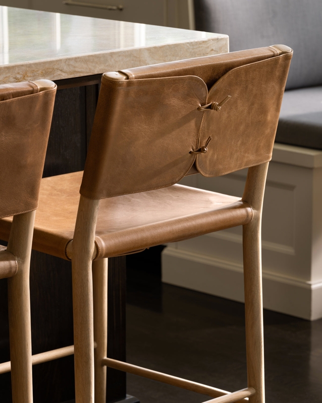 Counter Stool Tie Back Detail Tan Leather Wood Frame Craftsman
