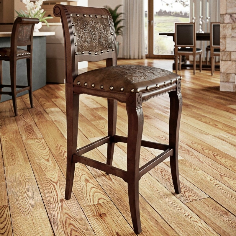 Counter Stool Tooled Leather-Like Western Style Nailhead Trim