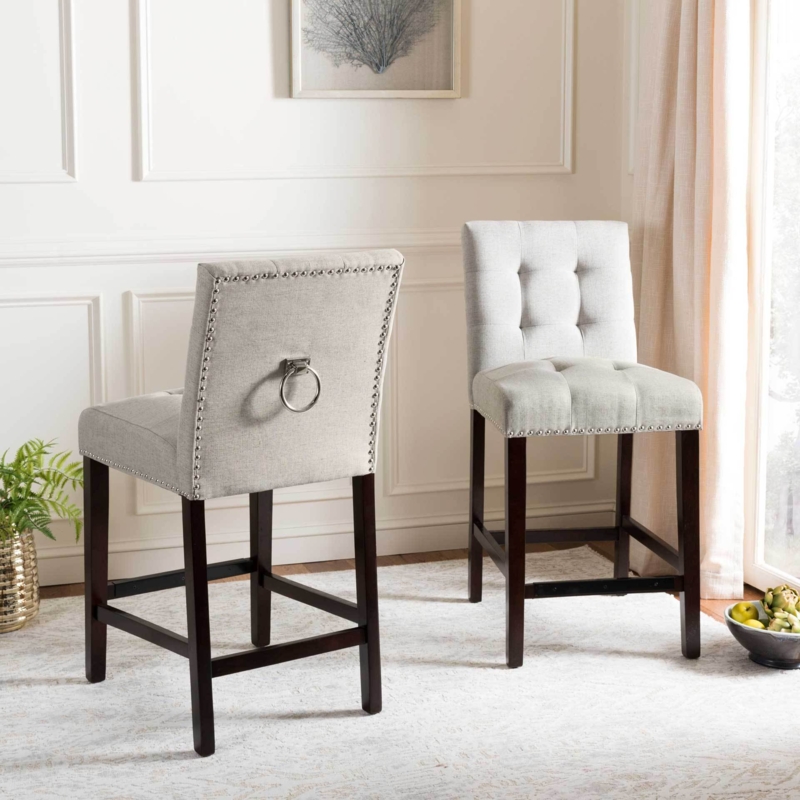 Counter Stool Transitional Light Grey Linen with Back Ring Pull