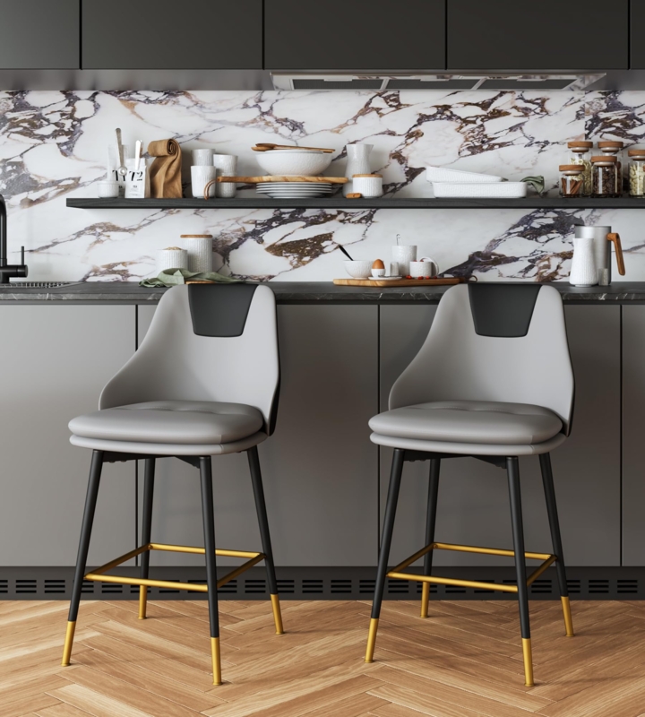 Counter Stool Two Tone Gray Black Back Gold Leg Caps Bucket Seat