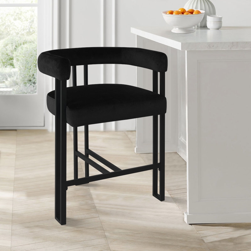 Counter Stool Velvet Barrel Back Rectilinear Frame Black