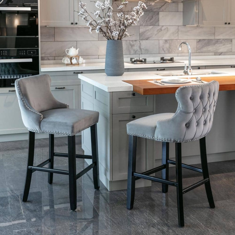 Counter Stool Velvet Tufted Wingback, Nailhead Trim Glam Kitchen
