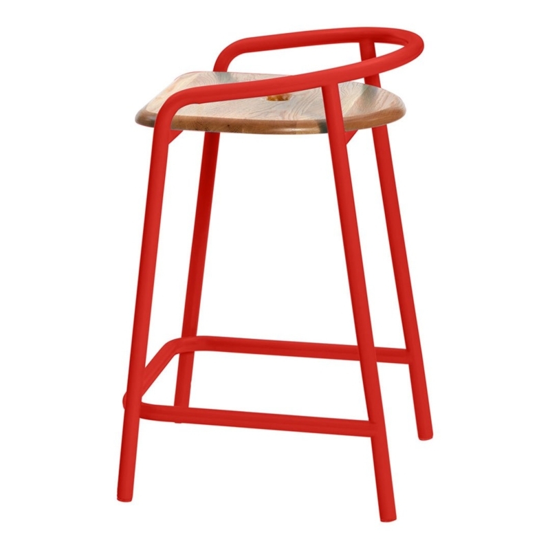 Counter Stool Vibrant Red Frame Curved Backrest Rail Wood Seat