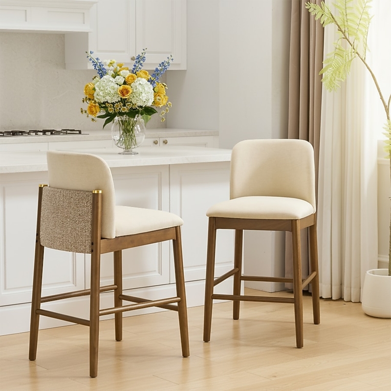 Counter Stool Walnut Finish Beige Upholstery Gold Accents Curved Back