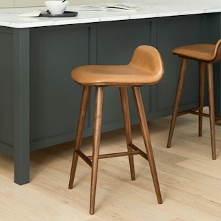 Counter Stool Walnut Tan Leather Mid-Century Modern Scoop Seat