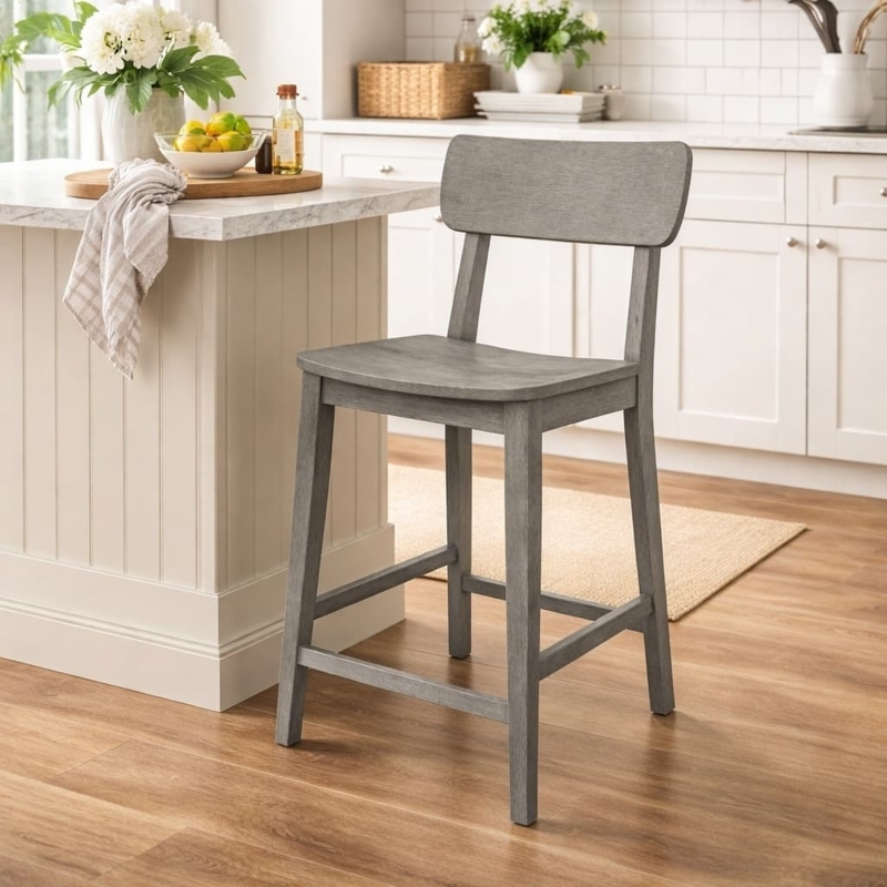 Counter Stool Weathered Grey Finish Curved Back Scoop Seat Farmhouse