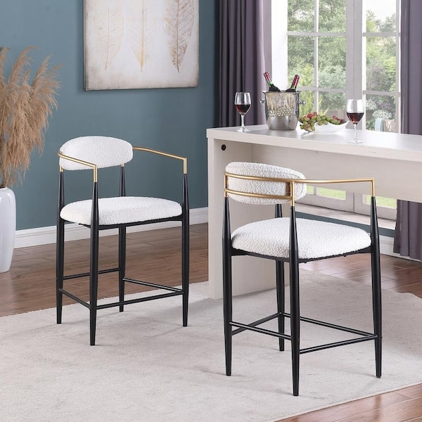 Counter Stool White Boucle Black Legs Brass Accents