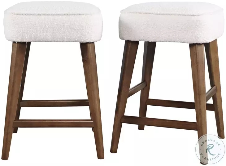 Counter Stool White Boucle Seat Dark Brown Wood Base