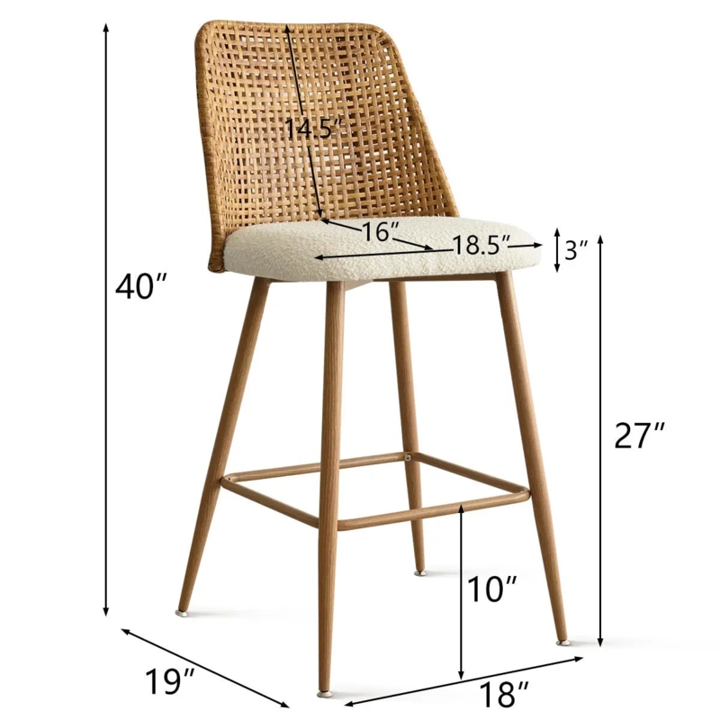 Counter Stool White Boucle & Woven Back, Modern Organic Style