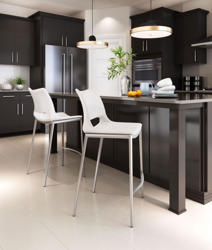 Counter Stool White Bucket Seat Open Back Cutout Silver Tapered Legs