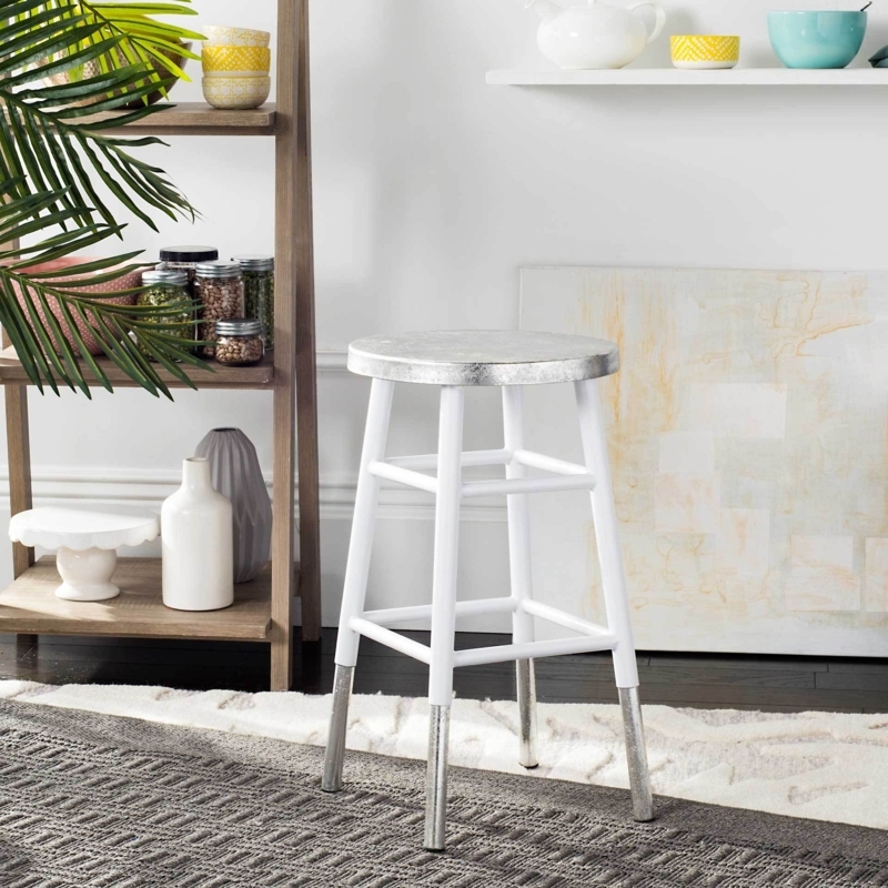 Counter Stool White Frame Silver Dipped Legs Metallic Seat Backless