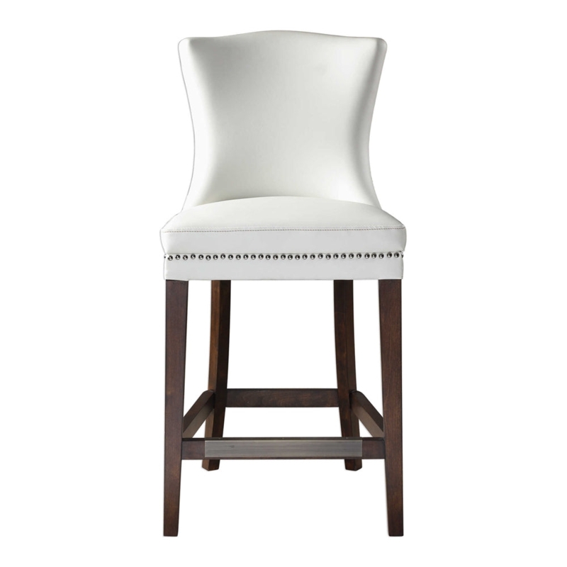 Counter Stool White Leather-Like Winged Back Nailhead Kick Plate