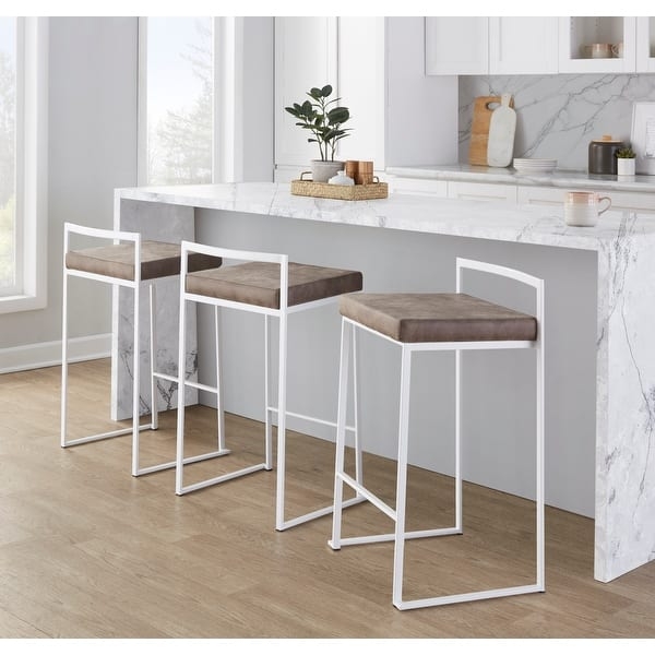 Counter Stool White Metal Frame Brown Leather Like Low Profile