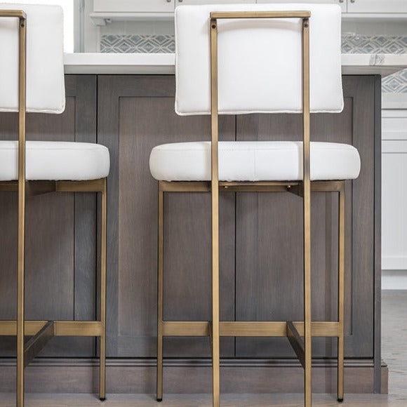 Counter Stool White Padded Seat Brushed Bronze Open Back