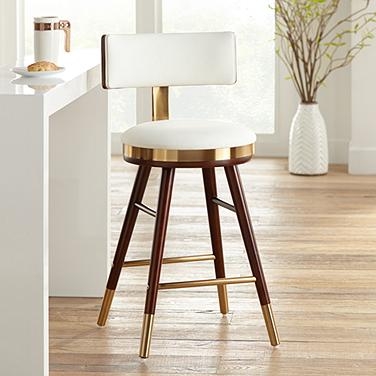 Counter Stool White Upholstery Gold Accents Dark Wood Legs Glam Style