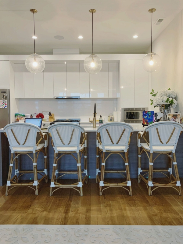 Counter Stool White Woven Texture V-Back Wood Frame